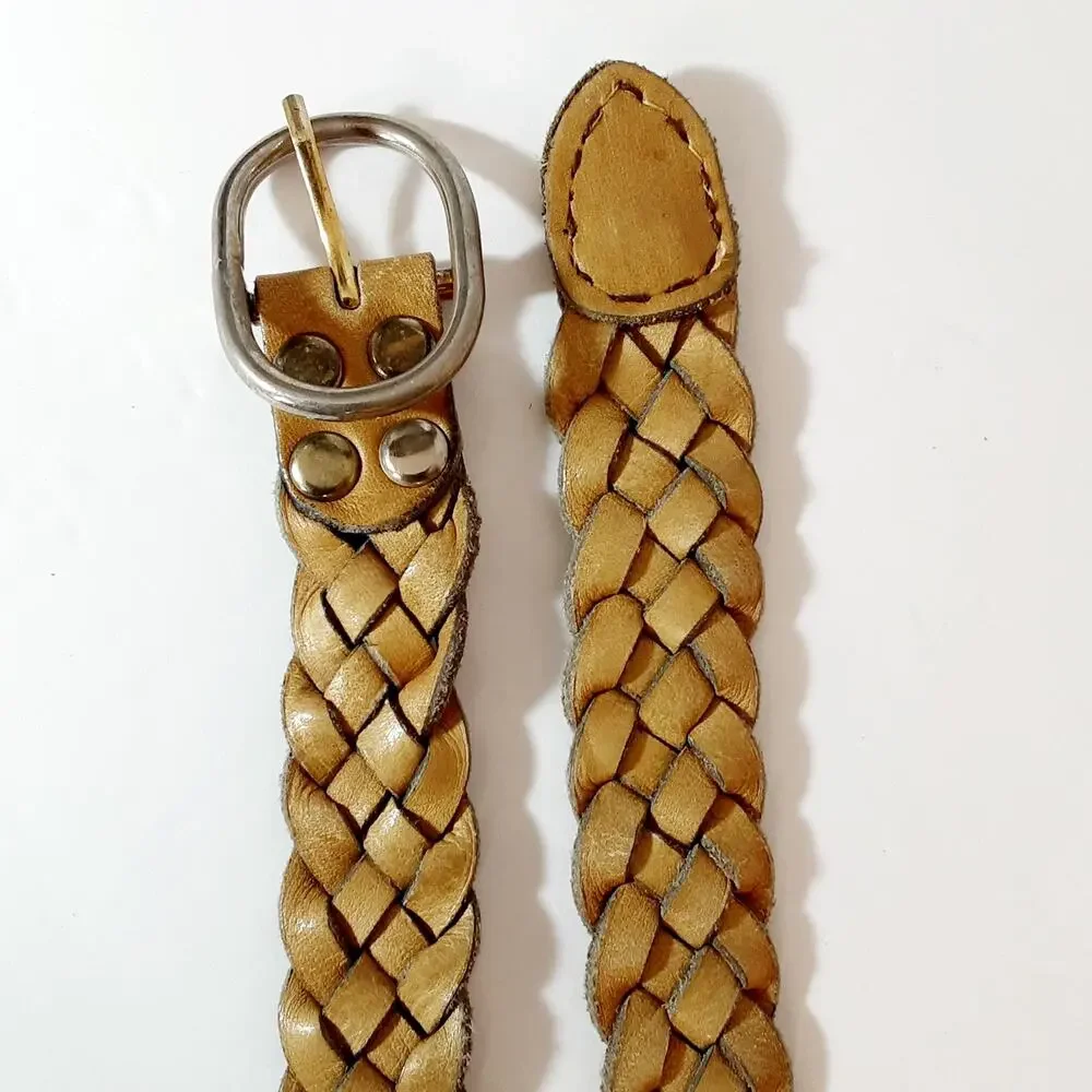 💎Chunky Wide Braided Genuine Leather Belt Natural Tan Caramel Color